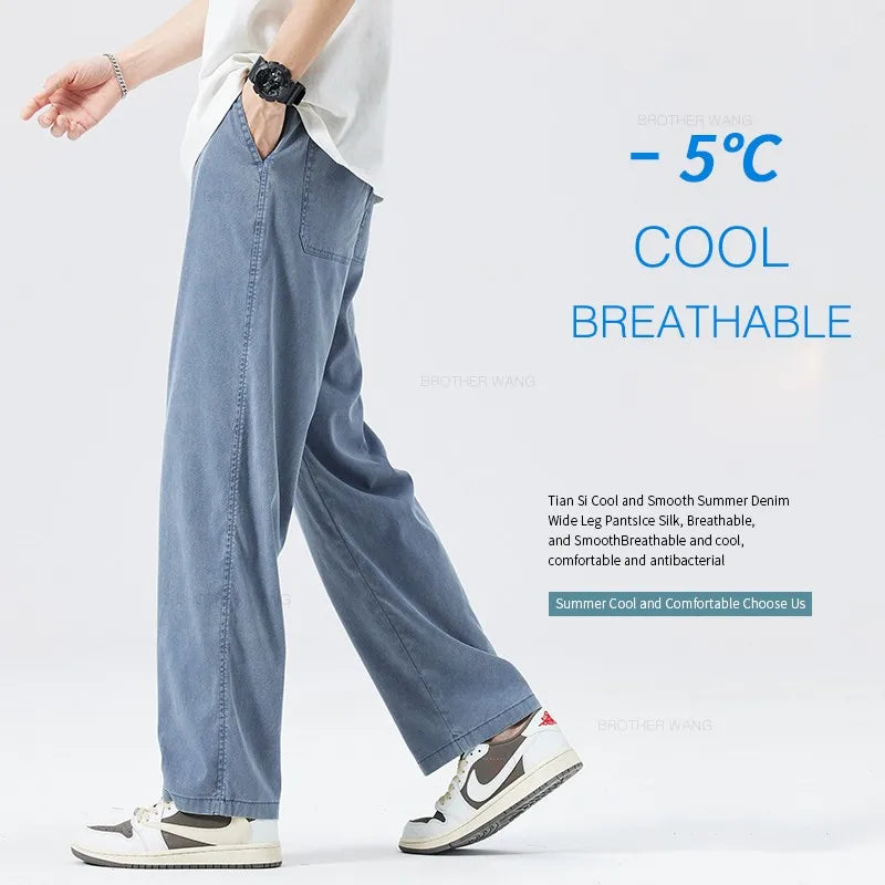 Thin Baggy Lyocell Jeans Men's Fashion Ice Silk Elastic Waist