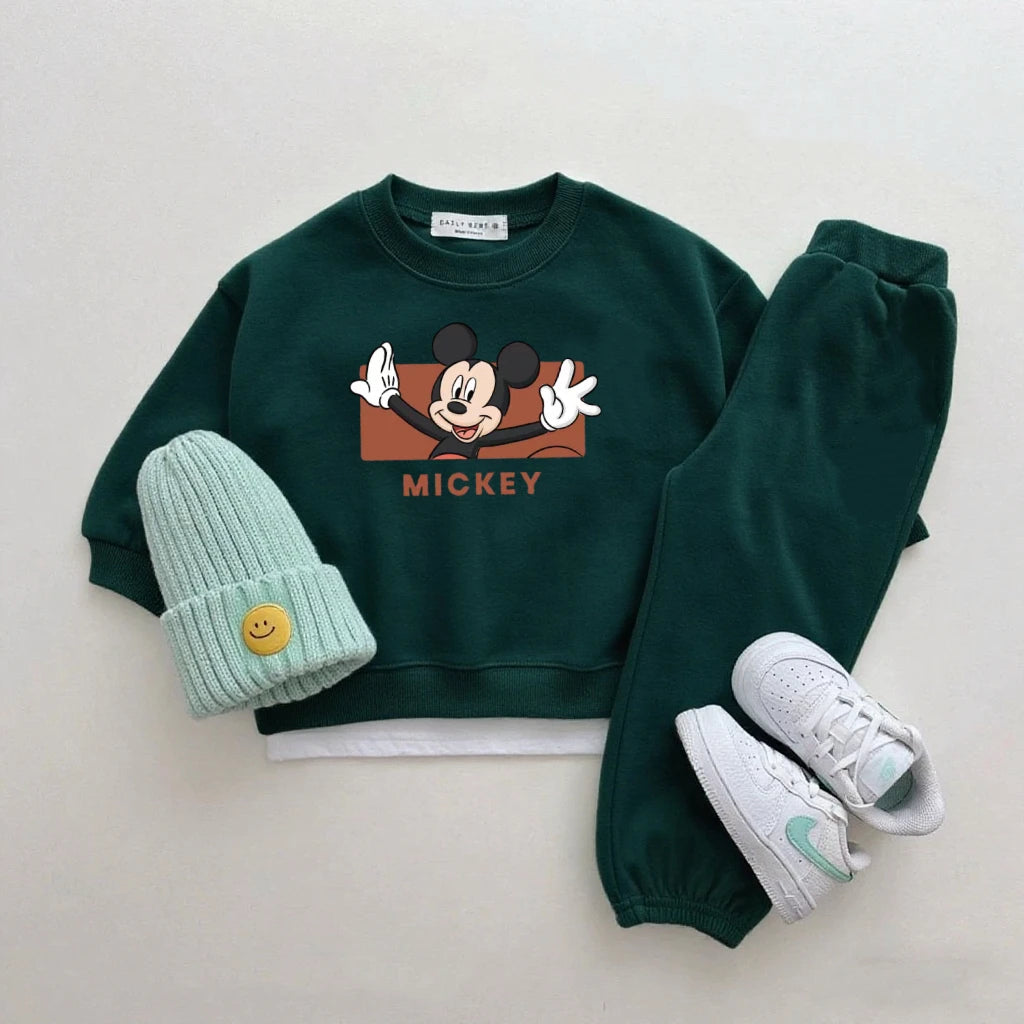 Boys Trendy Wear Long-sleeved Tracksuits Children 2026 Costume Mickey Mouse Tops Green Sweatpants New Two Piece Baby Clothing