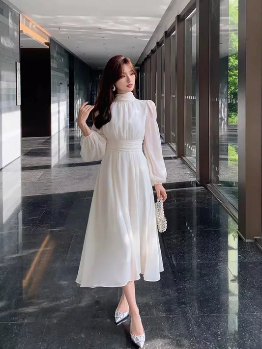 Spring Turtleneck White Midi Dress Women Long Sleeve French Elegant Temperament