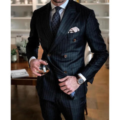 Black Striped Men Suits Double Breasted Peak Lapel Male Blazer Formal Wedding Tuxedo