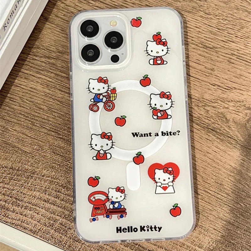 Cute Sanrio Hello Kitty Magnetic Card Wallet Holder Magsafe Wireless Charge Phone Case For iPhone 17 16 15 14 13 Pro Max Cover