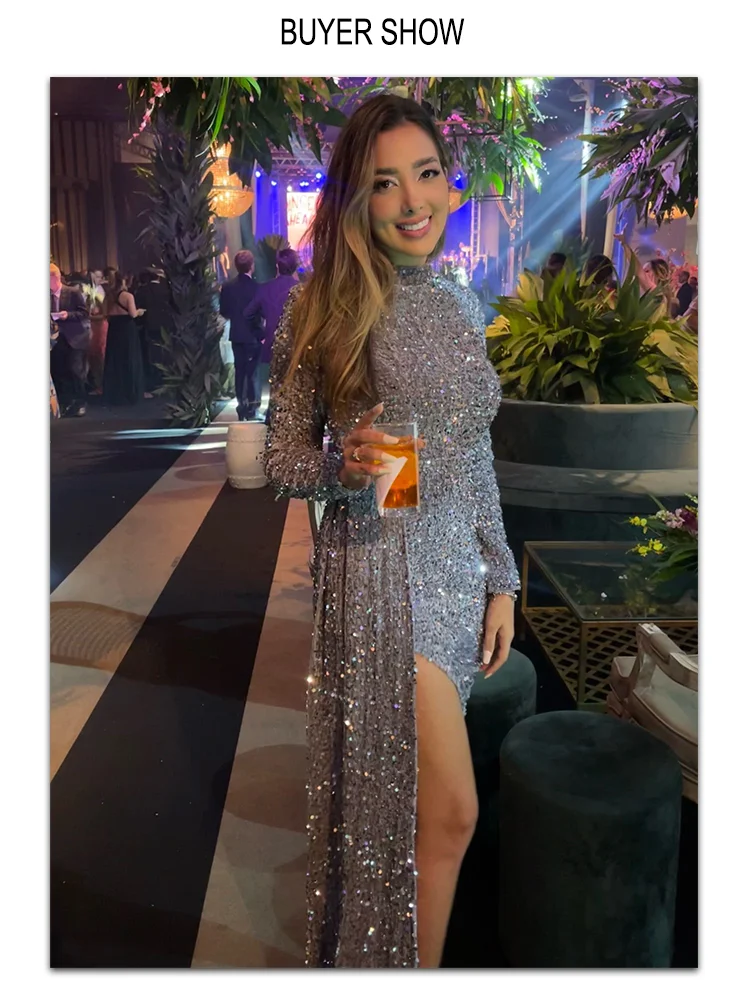Evening wear Dresses: Cocktail Dress Split Long Sleeve High O Neck Mini Dress