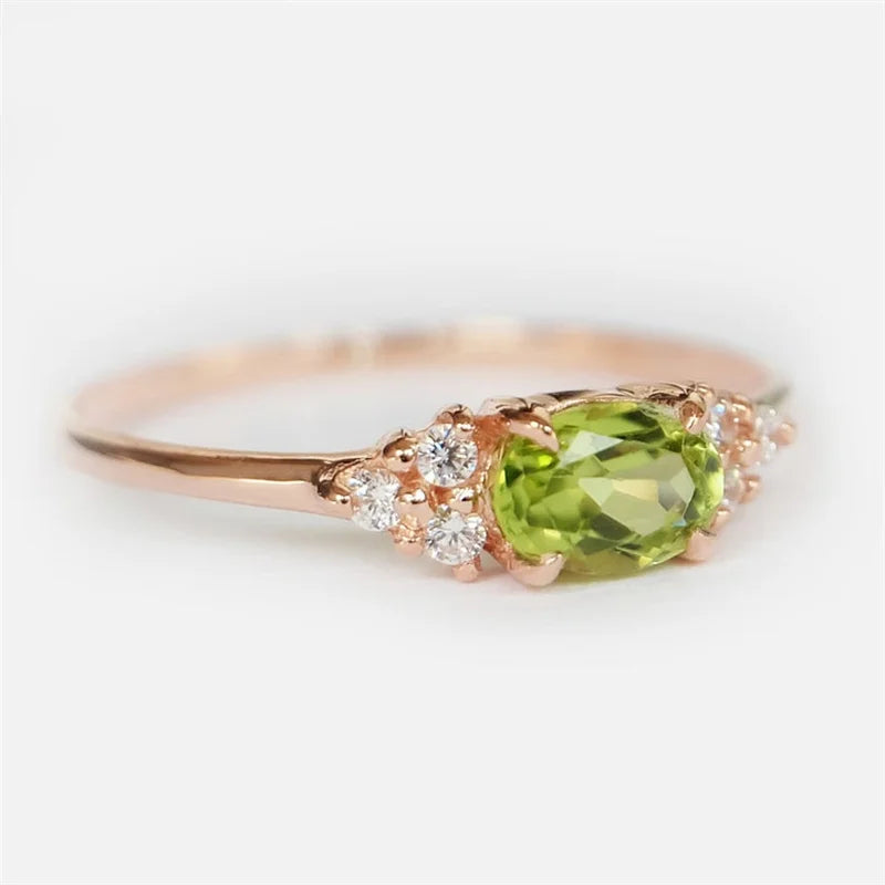 Olive Green Stone Ring Rose Gold Color Oval Zircon Minimalist Stacking