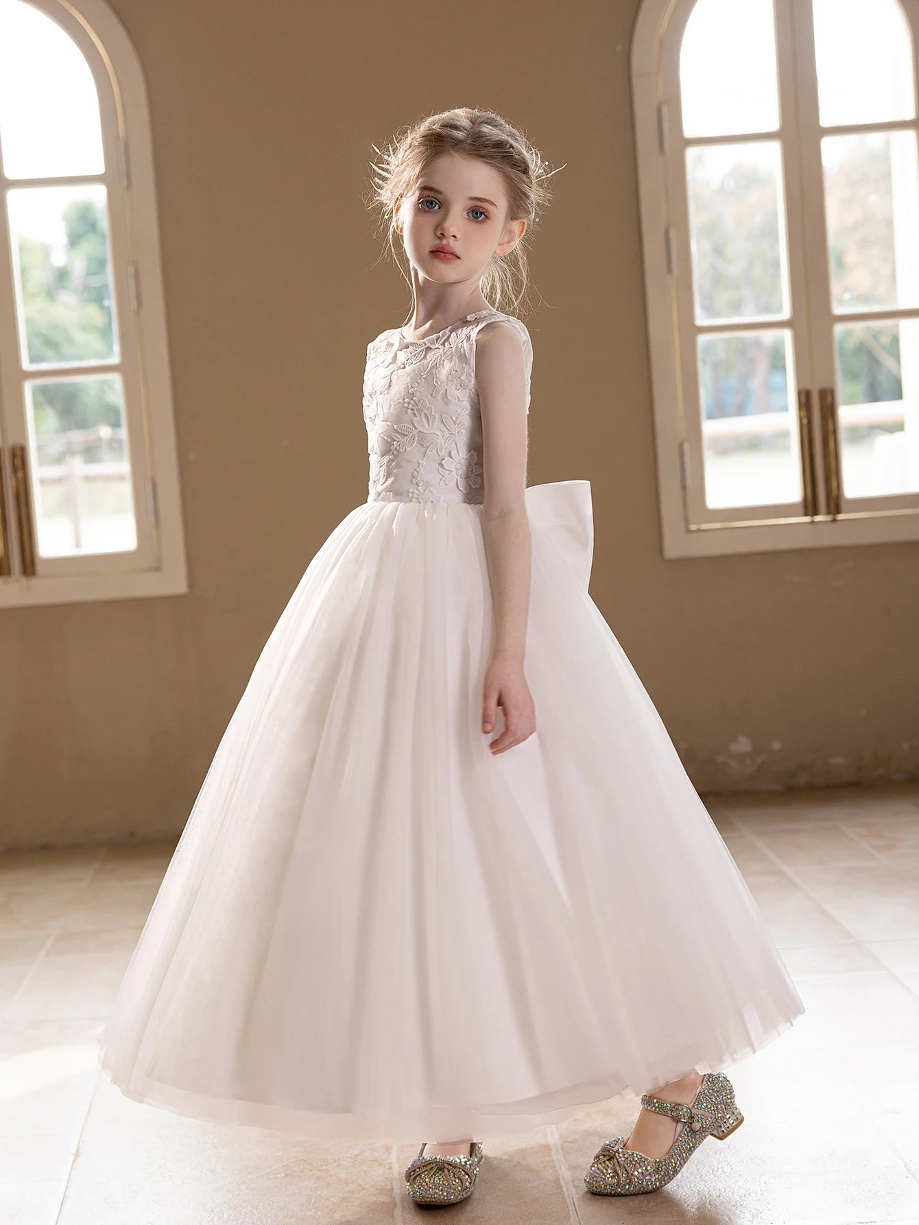 Teen Girls White Wedding Gauze Dress Lace Embroidery Big Bow Evening Puffy Gauze Bridesmaid Dress