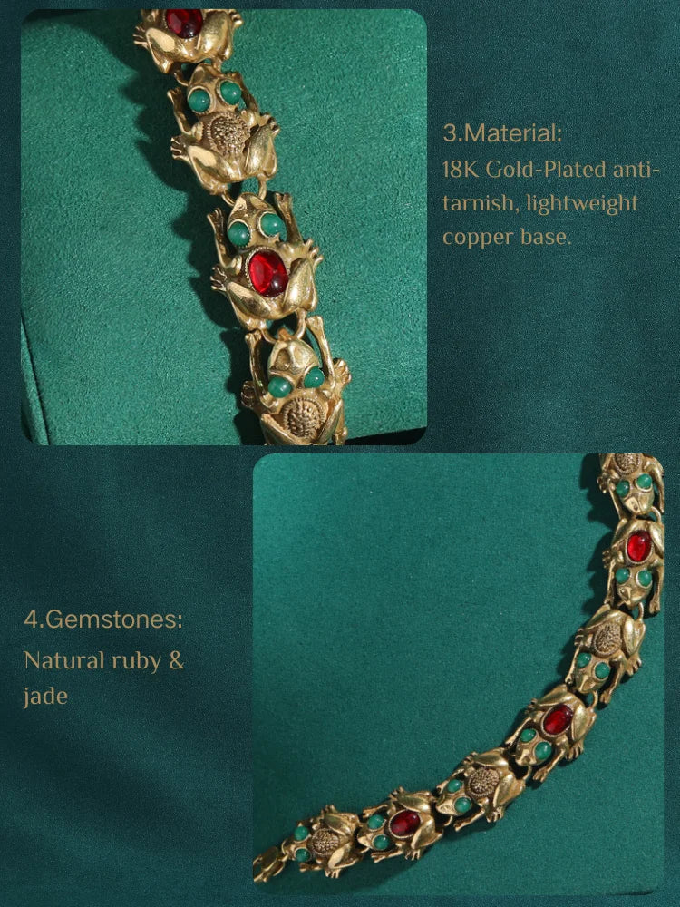 Vintage Adjustable Frog Charm Bracelet with Natural Stone Eyes - 18K Gold Plated Unique Jewelry for Women