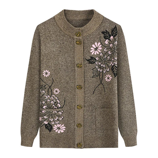 Print Middle-Aged Elderly Mother's Spring Autumn Long-Sleeve Sweater Women