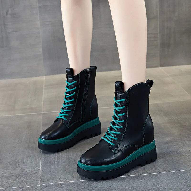 Fujin 8cm New Brithish Style Genuine Leather Platform Wedge Hidden Heel Spring Autumn Mid Calf Snow Boots Women ZIP Comfy Shoes