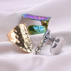 1Pc Stainless Steel Women Personality Textured Chunky Open Rings Punk Hammered