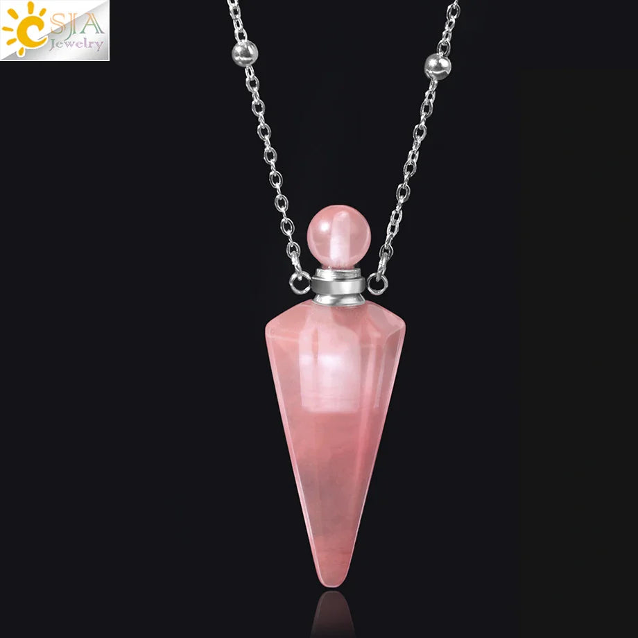 Natural Stone Cone Perfume Bottle necklace Healing Clear Quartz Crystal Pendant Reiki Essentials Oil Diffuser Vial Necklace H119
