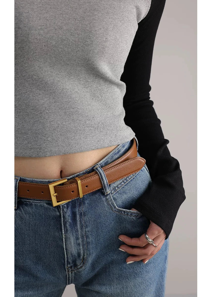 New Luxury Double Genuine Leather Belt for Women Jeans Casual Dress Square Alloy Buckle Ladies Trendy Belts Fashion Waistband