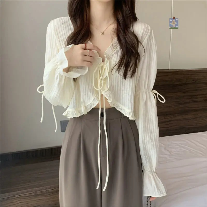 Sweet Ruffle Lace Up Cardigan Women Summer Long Sleeve Sunscreen Jacket