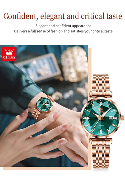 OLEVS 5536 Luxury Brand Diamond Quartz Women's Watch Fashion Elegant Rose Gold Waterproof Women's Watch Bracelet Set Reloj Mujer