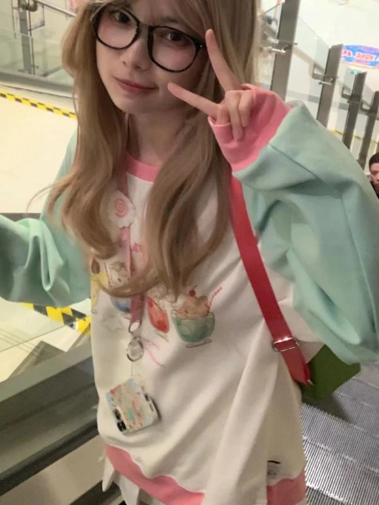 Y2k Harajuku Kawaii Cute Hoodie Women Japanese Fashion Patchwork