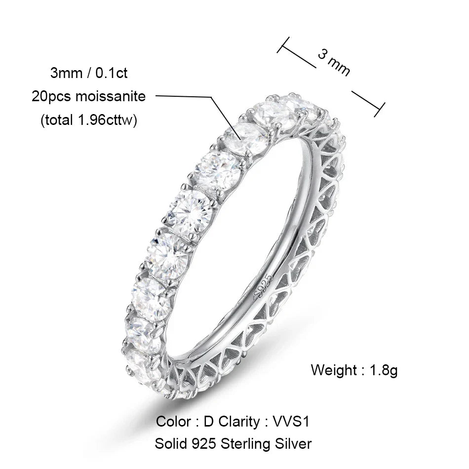 ALLNOEL 2mm Full Moissanite Ring for Women D Color VVS1 Female Single Tail Ring 925 Silver Ring Wedding Eternity Band With GRA