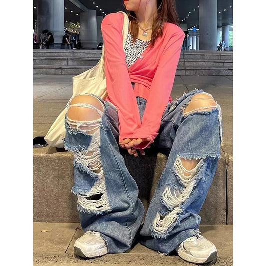 Streetwear Straight Pants Ladies Ripped Jeans High Waist Loose Wide Leg Pants Ladies