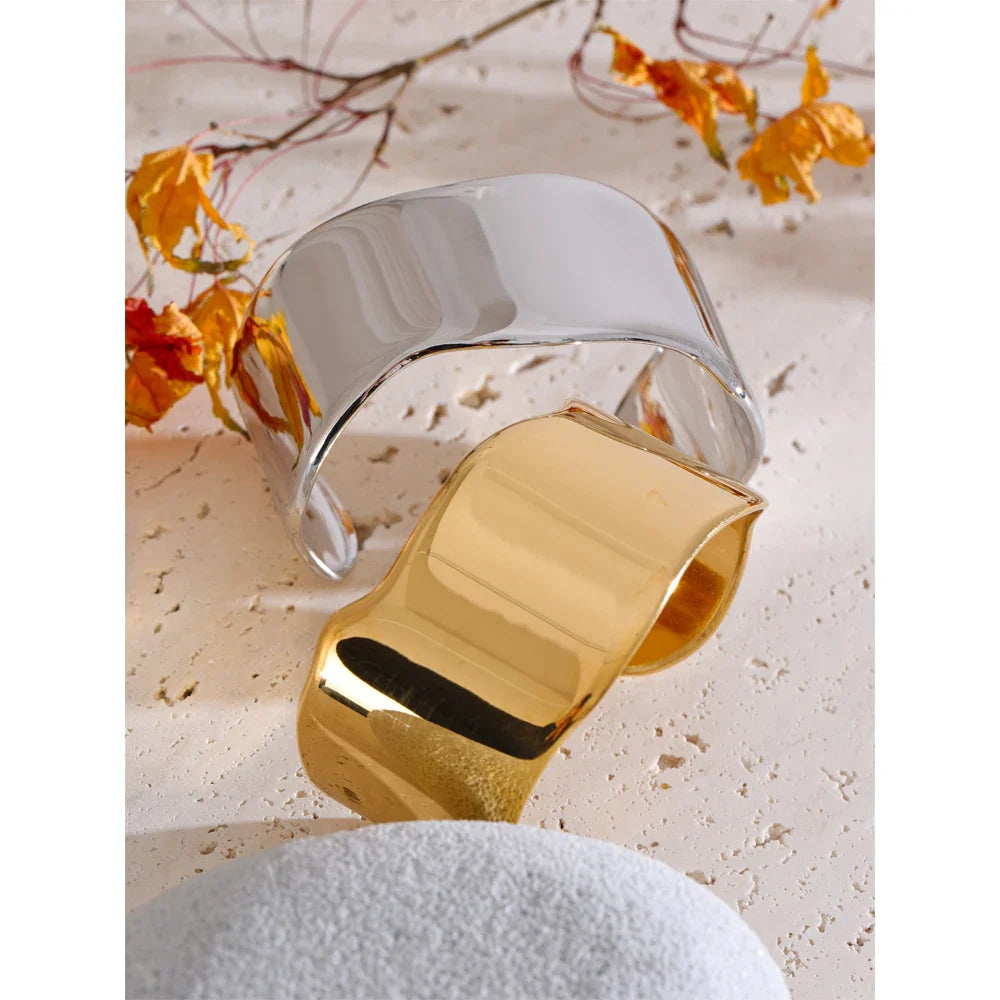 Yhpup 63mm Minimalist Glossy Stainless Steel Polished Wide Cuff Bracelet Bangle PVD Plated Statement Open Wrist Jewellery New