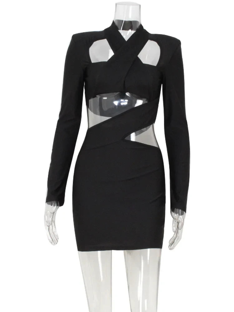 CNYISHE Hollow Out Solid New Sytle Hip Wrap Outfits Women Dresses Long Sleeve V Neck Fashion Party Sheath Lady Female Evening