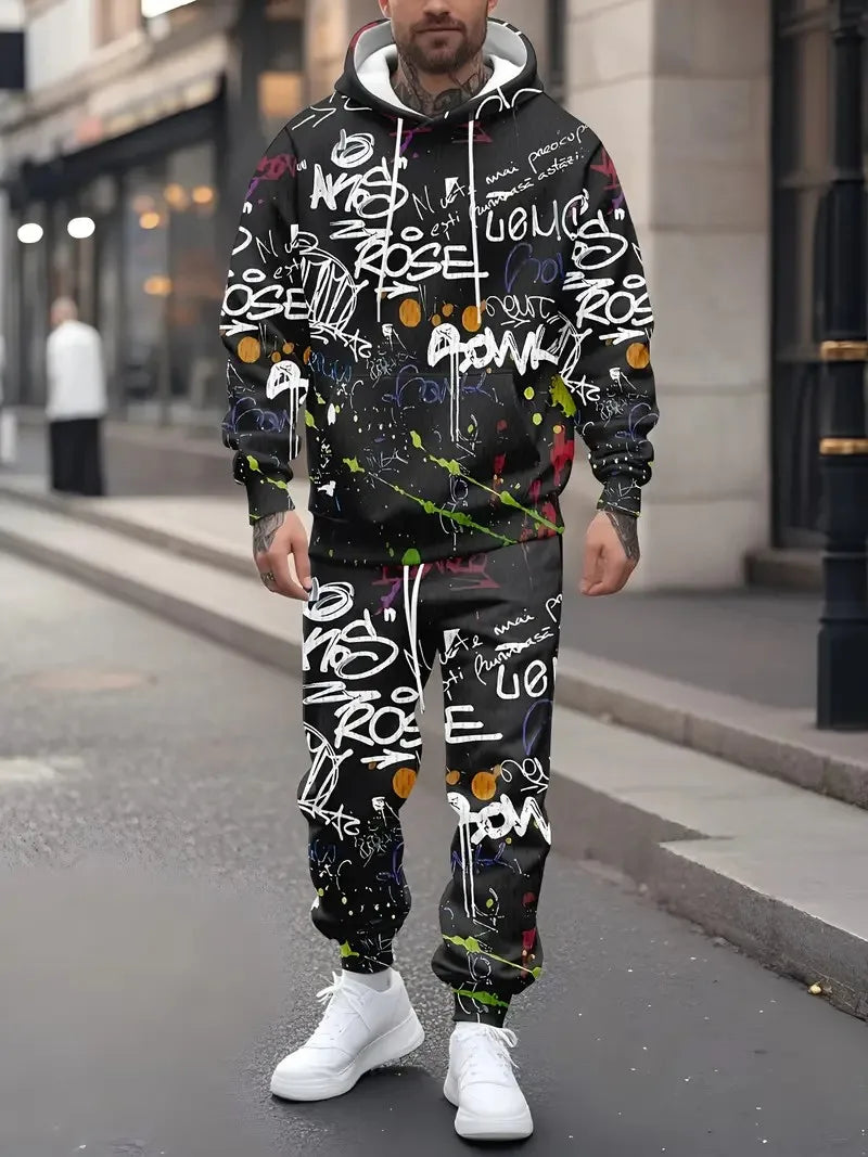 The new men's hoodie set for Spring and Autumn 2025 features a casual fashionable and comfortable 3D graffiti pattern print