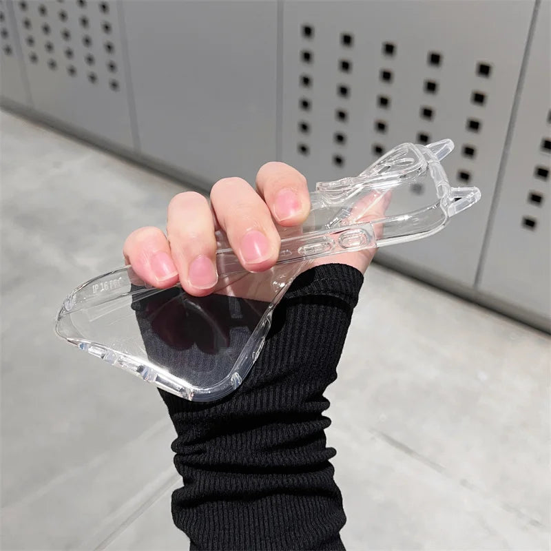Cute Cat 3D Ears Transparent Phone Case For iPhone 17 Pro Max Air 16 15 13 11 12 14 Plus Soft Clear TPU Back Cover Shell