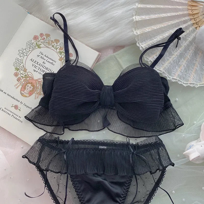 Japanese Bras Lolita Girls Folds Bow Lovely Underwear Set Mesh Sweet Rimless