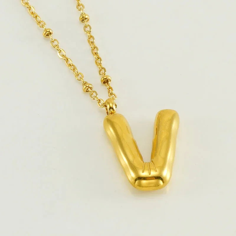 Vintage Stainless Steel Balloon Bubble Chunky Letter Necklace for Women 18K Gold