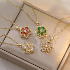 Stainless Steel Gold Plated Romantic Rotatable Flower Zirconia Pendant Necklace