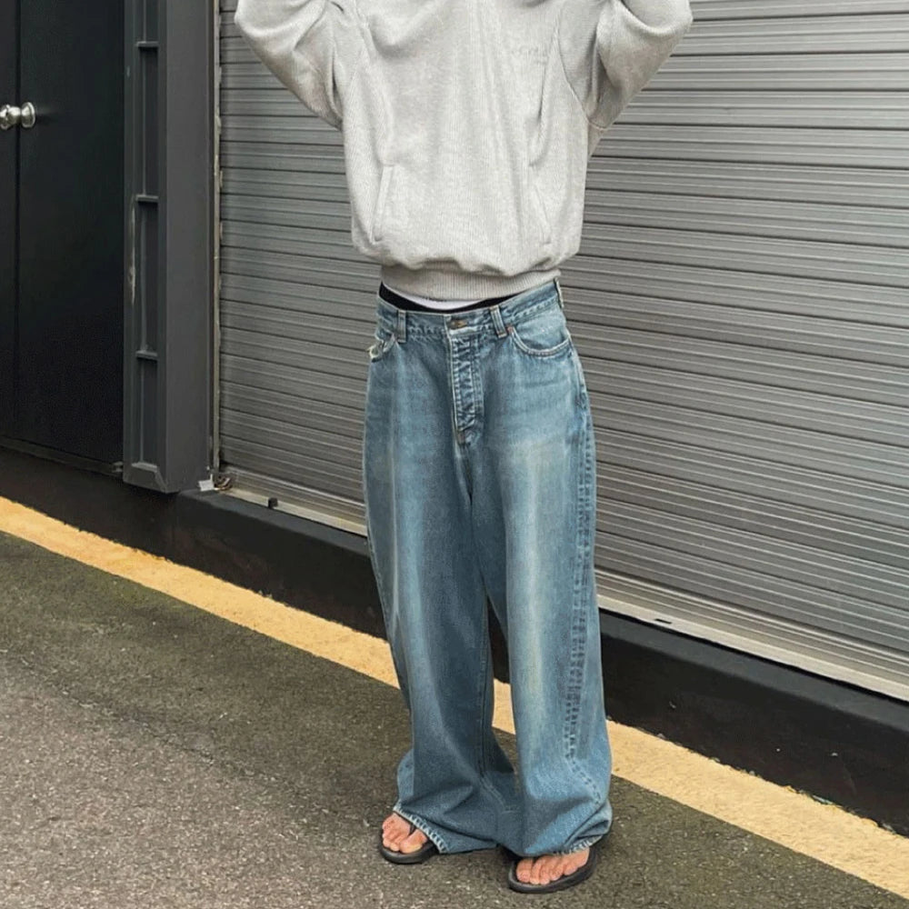 High Street Washed Blue Wide Leg Baggy Jeans for Men and Women Straight