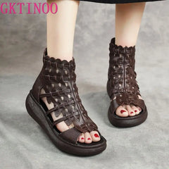 Women Sandals Genuine Leather Wedges High Heel
