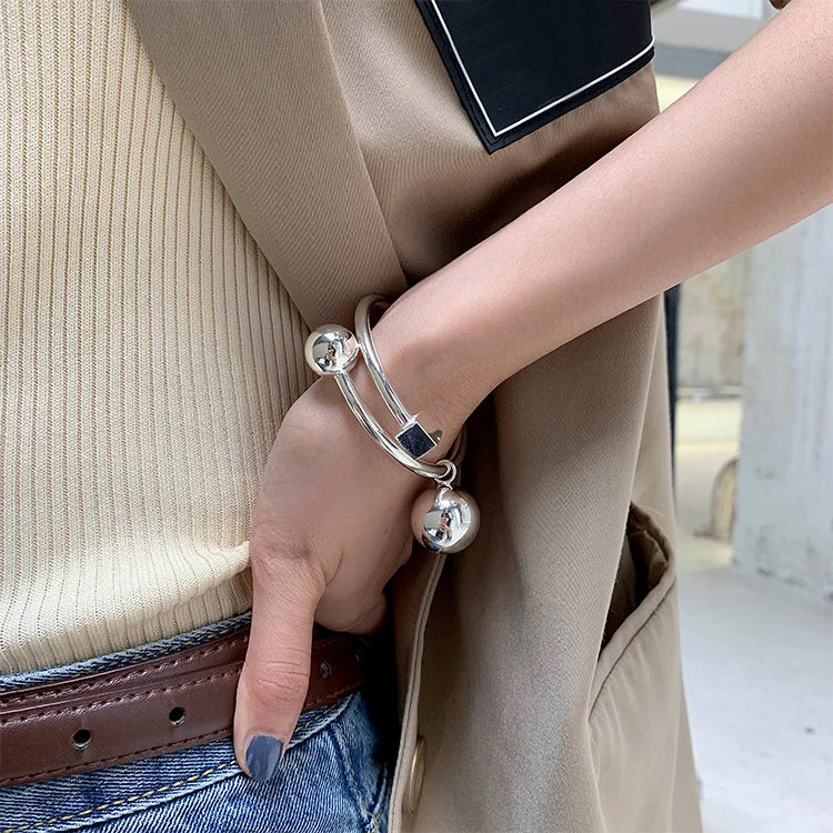 925 Sterling Silver Bangle Bracelet 2 Balls Geometric Polished Punk Stackable For Woman Girl Jewelry Gift Dropship Wholesale