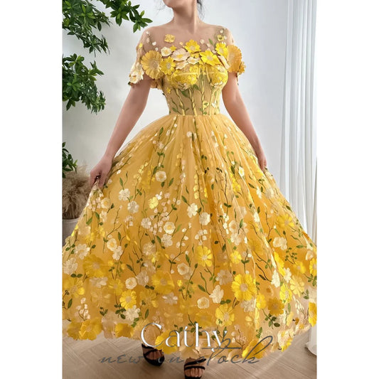 Homecoming Dresses: Yellow Flowers Appliques Prom Dresses
