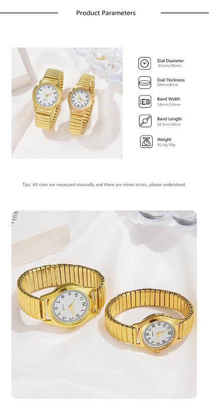 2 PCS Of Gold Retro Round Pointer Quartz Watch Classic Simulation Elastic Band Watch Suitable For Both Male And Female Couples