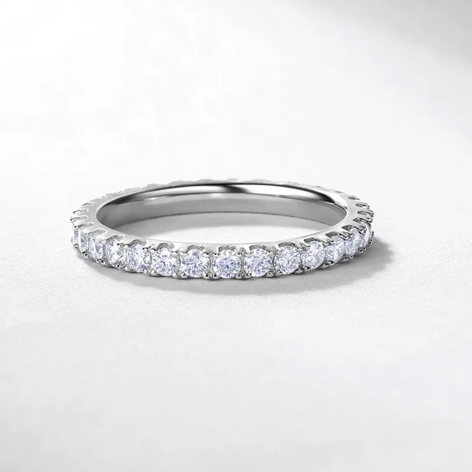 ALLNOEL 2mm Full Moissanite Ring for Women D Color VVS1 Female Single Tail Ring 925 Silver Ring Wedding Eternity Band With GRA