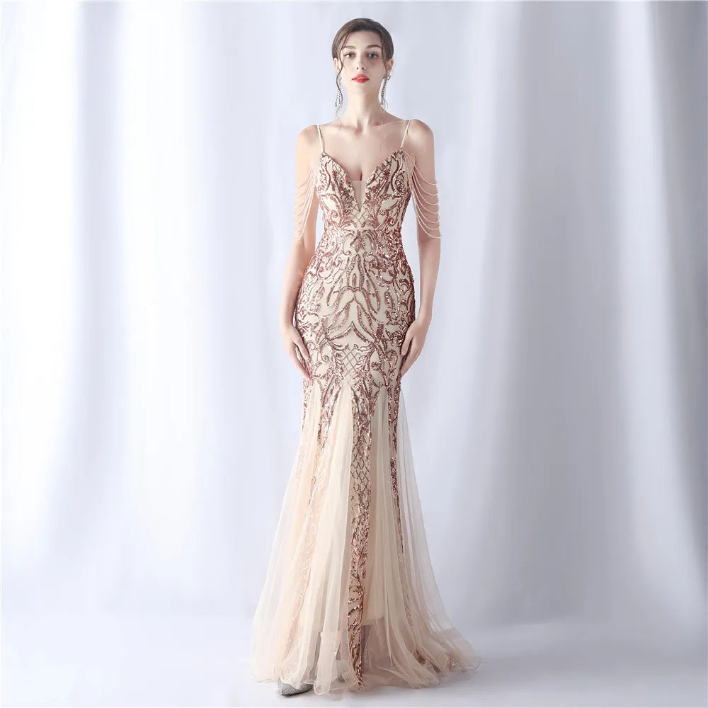 Homecoming Dresses: Women's Mermaid V Neck Sequin Party Maxi Dress