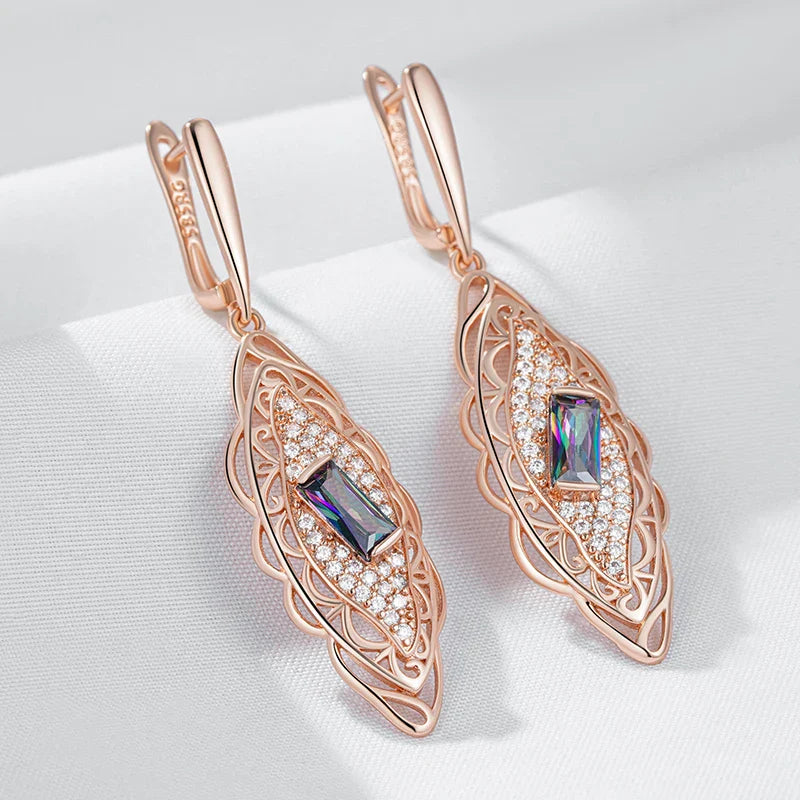 Kienl Hot 585 Rose Gold Color Flower Dangle Earrings for Women Square Colorful Natural Zircon Accessories Daily Fine Jewelry