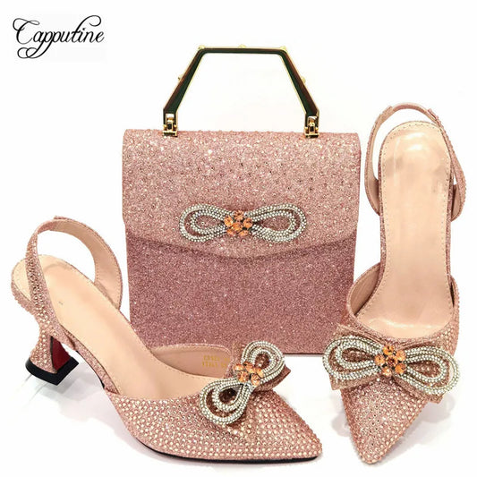 Peach Women Shoes Match With Bag Set African Ladies Pumps And Purse Handbag