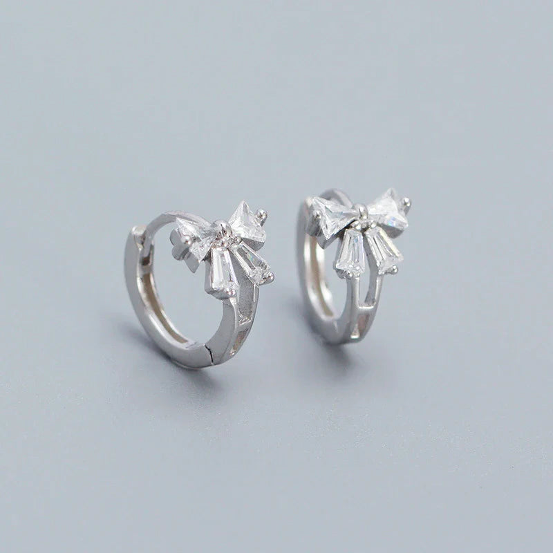 WANTME 925 Sterling Silver Sweet Korean Bow Huggies Hoop Earrings for Women Fashion Cute Teen Birthday Party Girl Jewelry Gift