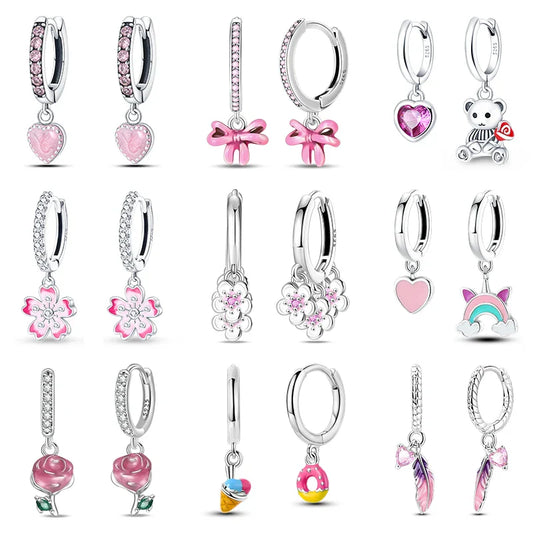 Earrings For Womens 925 Silver Color Pink Rainbow Horse Bear Bee Double Hoop Earrings Fine Engagement Anniversary Jewelry Gifts