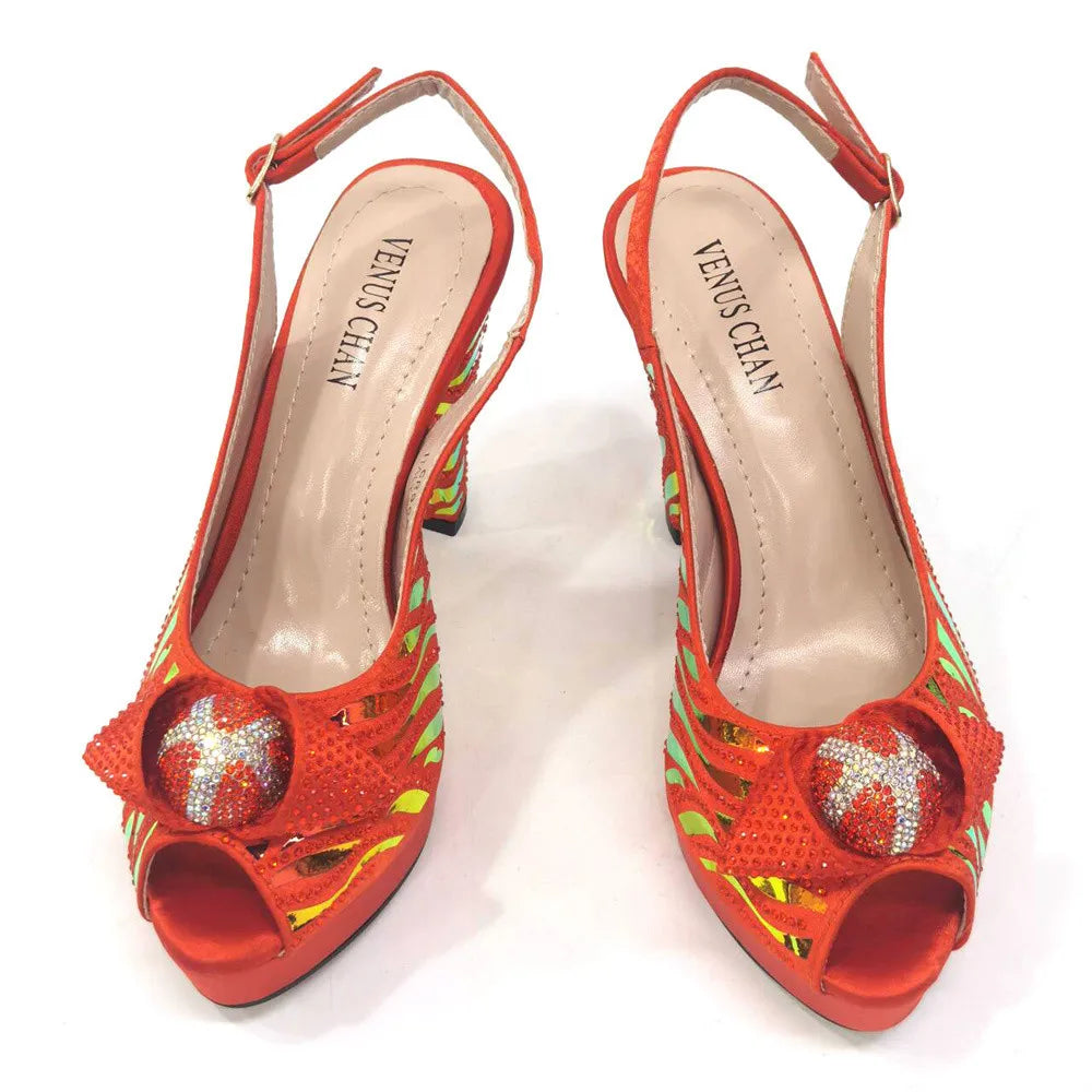 2024 New Arrival Shoes Matching Bag Set in Orange Color Special Heels Sandals Decorated with Crystal For Ladies Wedding Party