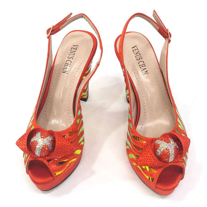 2024 New Arrival Shoes Matching Bag Set in Orange Color Special Heels Sandals Decorated with Crystal For Ladies Wedding Party