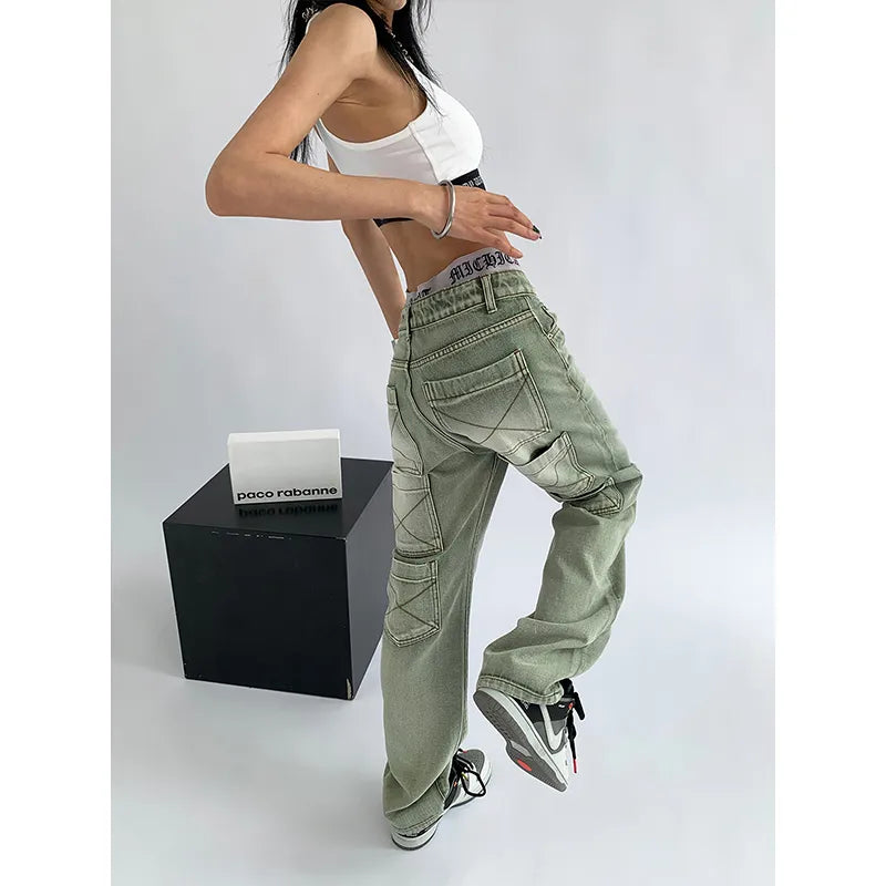 Women's Green Jeans Vintage Washed Multiple Pockets Wide Leg Pants
