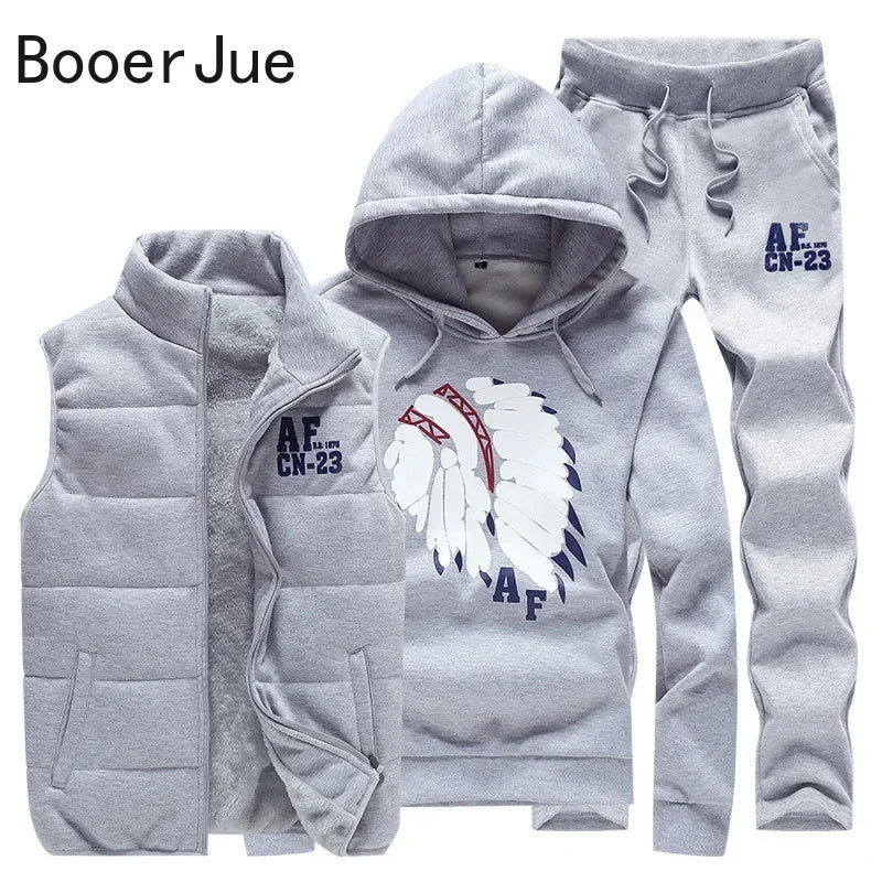 3 Pieces Set Hoodies+Vest+Pants Casual Track Suit Clothing Coats Winter Thick Warm Tracksuit for Couple Printed Mens Set Vest
