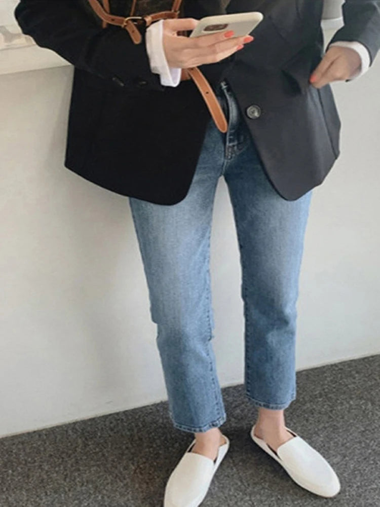 High Waist Pockets Boyfriend Jeans Women Stretch Blue Ladies Denim Cargo pants