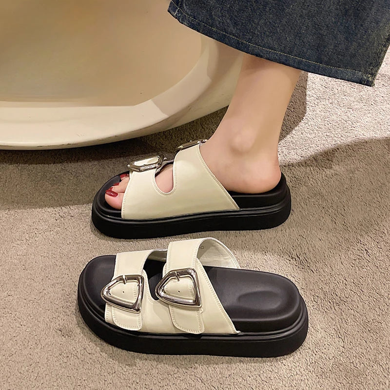 Slides Rubber Black Women's Slippers and Ladies Sandals Round Toe Height Summer 2023 with Heel Shoes Unique Luxury Normal Casual