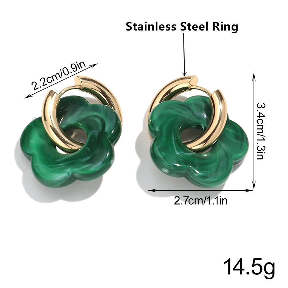 Colorful Flower Resin Acrylic Charms Earring Gold Color Circle Ear Buckle Hoop Earrings Fashion Jewelry for Women
