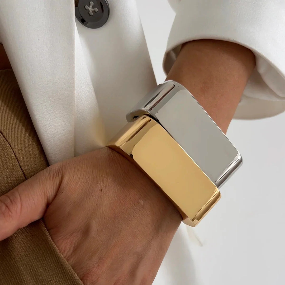 KunJoe Punk Hollow Out Geometric Cuff Spring Bangles for Women Personalized Heavy Metal Chunky Wide Open Bracelet Arm Jewelry