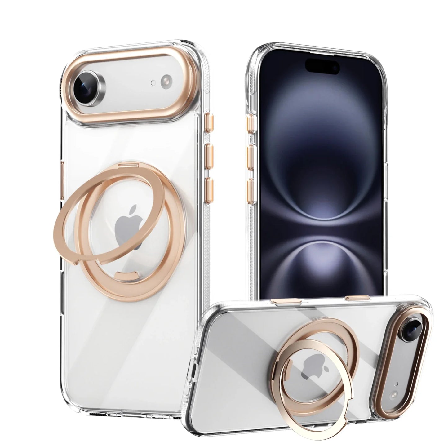 360° transparent Round ring Case for IPhone 12 13 14 15 16 Pro Max Fall prevention funda Cover sling Metal buttons 17 Air case