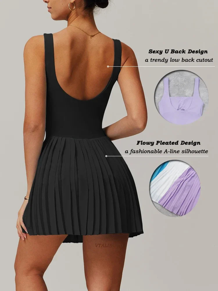 VITALINOVO Workout Tennis Dress with Built in Shorts Square Neck Padded Workout Dress with Pockets Golf Athletic Mini Dresses