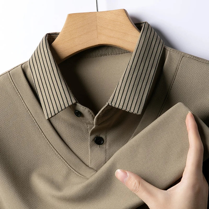 2025 New Men's Casual and Fashionable Long Sleeved Solid Color Fake Two-piece Polo Shirt Business All Season Versatile Top