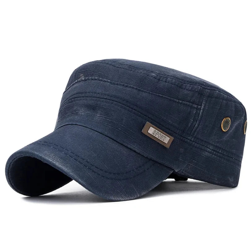 Vintage Washed Cotton Military Caps Flat Top Baseball Cap Adjustable Fitted Thicker Cap Sun Protection Men Women Cadet Army Cap