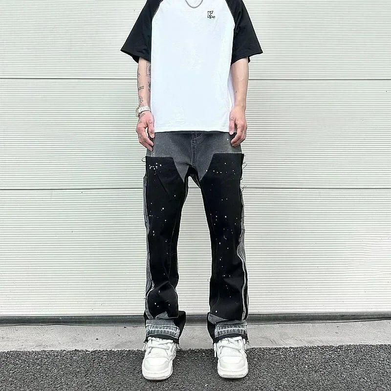 Jeans retro personalized straight-leg splicing flared pants trendy denim trousers